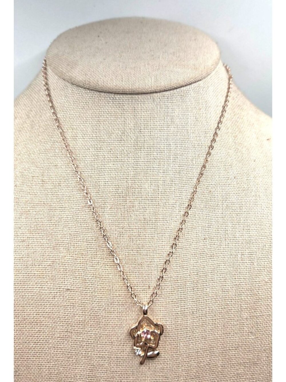 Rose Gold Tone Flower Pendant Necklace With Pink & Clear Crystals